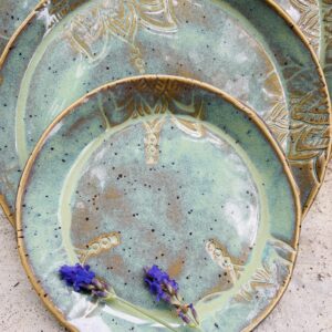 Teller Mandala Keramik Geschirr Set getöpfert türkis Lotus Yoga