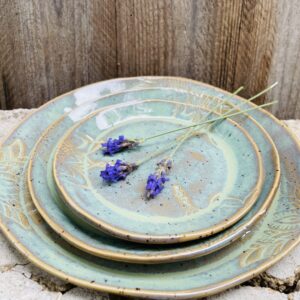 Teller Mandala Keramik Geschirr Set getöpfert türkis Lotus Yoga