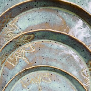 Teller Mandala Keramik Geschirr Set getöpfert türkis Lotus Yoga