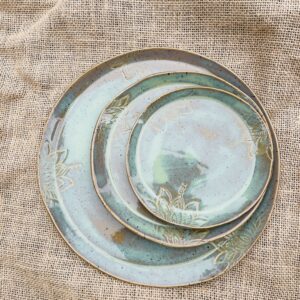 Teller Mandala Keramik Geschirr Set getöpfert türkis Lotus Yoga