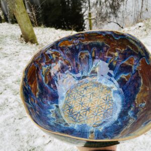 große Obstschale Keramik getöpfert Blume des Lebens bunt Aurora handgemacht getöpfert
