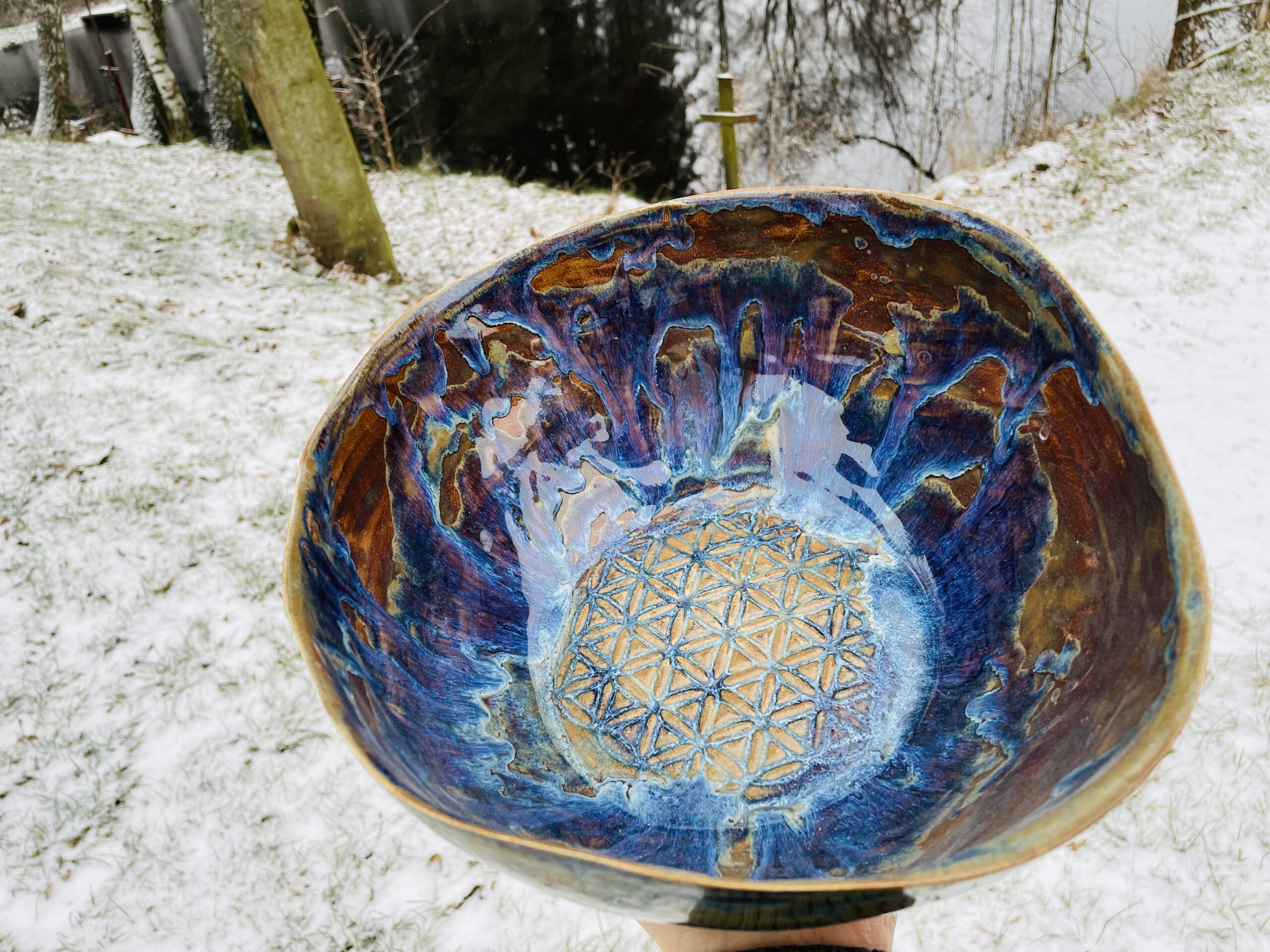 große Obstschale Keramik getöpfert Blume des Lebens bunt Aurora handgemacht getöpfert große Obstschale Keramik getöpfert Blume des Lebens bunt Aurora handgemacht getöpfert