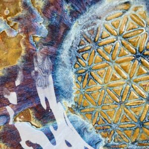 große Obstschale Keramik getöpfert Blume des Lebens bunt Aurora handgemacht getöpfert