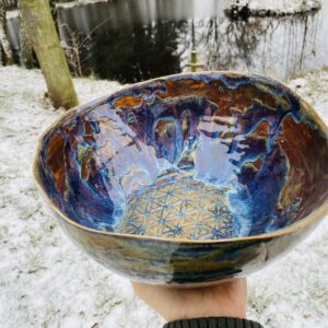 große Obstschale Keramik getöpfert Blume des Lebens bunt Aurora handgemacht getöpfert