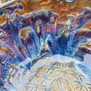 große Obstschale Keramik getöpfert Blume des Lebens bunt Aurora handgemacht getöpfert