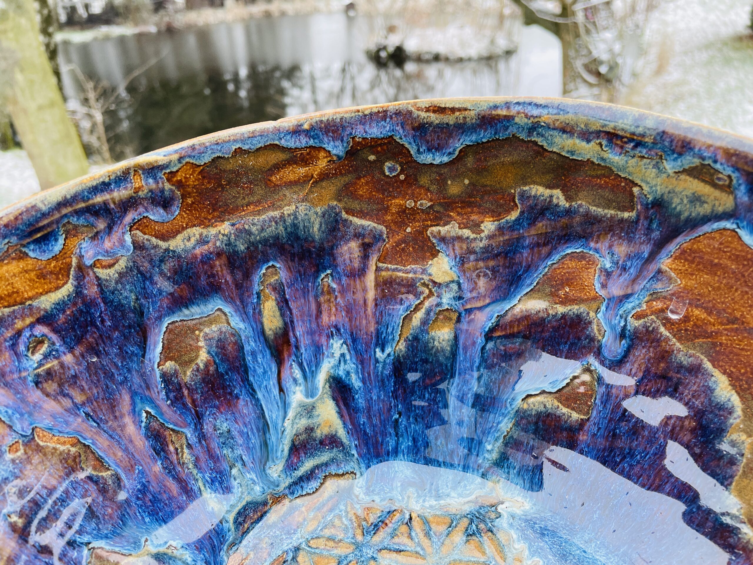 große Obstschale Keramik getöpfert Blume des Lebens bunt Aurora handgemacht getöpfert große Obstschale Keramik getöpfert Blume des Lebens bunt Aurora handgemacht getöpfert