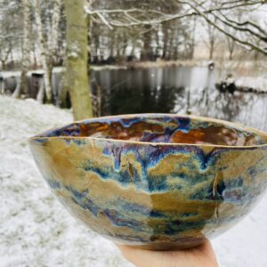 große Obstschale Keramik getöpfert Blume des Lebens bunt Aurora handgemacht getöpfert